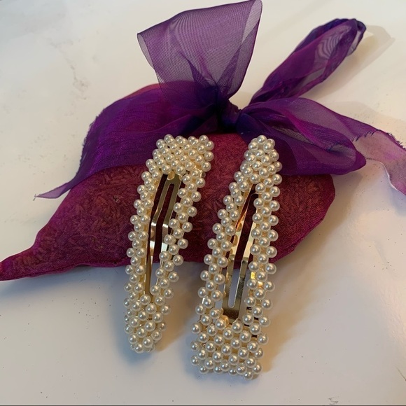 Ivory Pearl embellished clip on barrettes, pair glam prom wedding dressy dance - Picture 5 of 10